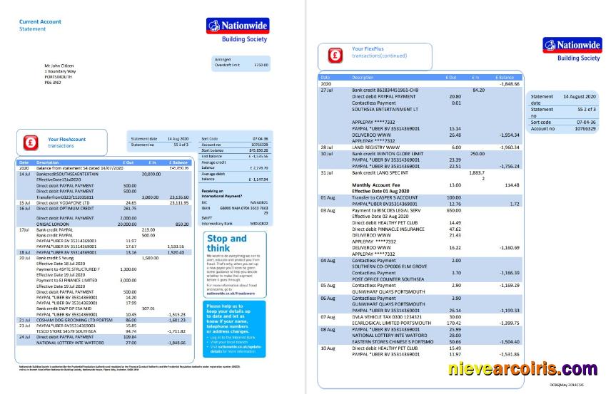 United Kingdom Nationwide bank statement in .doc and .pdf format (5 pages)